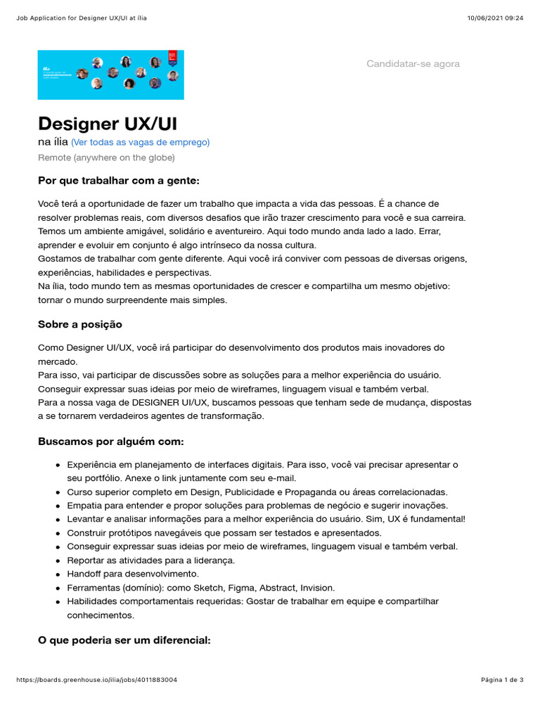 Job Application For Designer UX UI at Ília | PDF