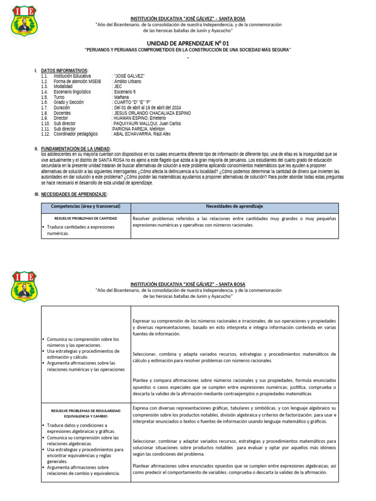 Unidad de Aprendizaje 1 Cuarto Año | PDF