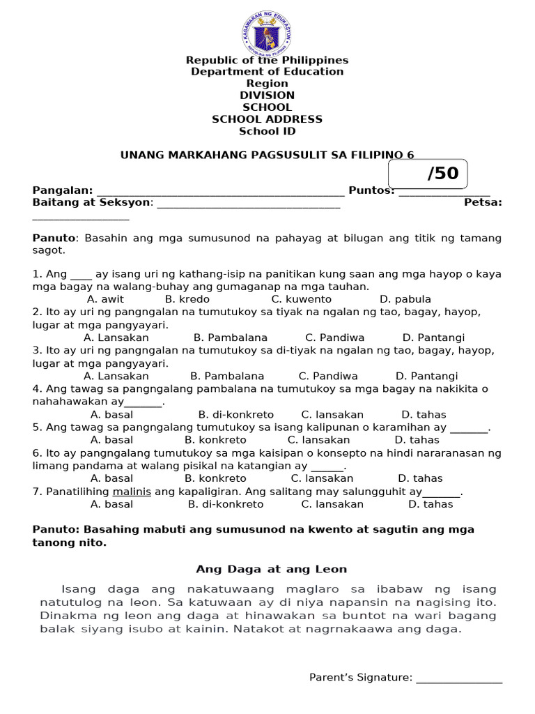 Grade 6 Q1 Periodical Exam Filipino | PDF