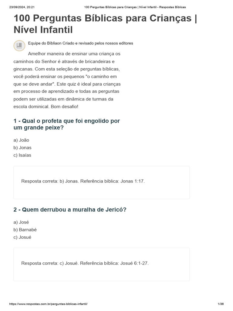 100 Perguntas Bíblicas para Crianças - Nível Infantil - Respostas ...