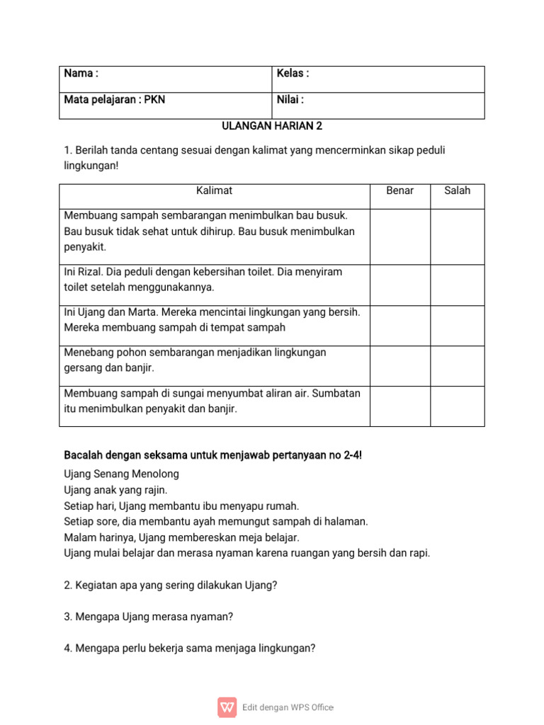 Uh 2 - PKN - Kelas 2 | PDF