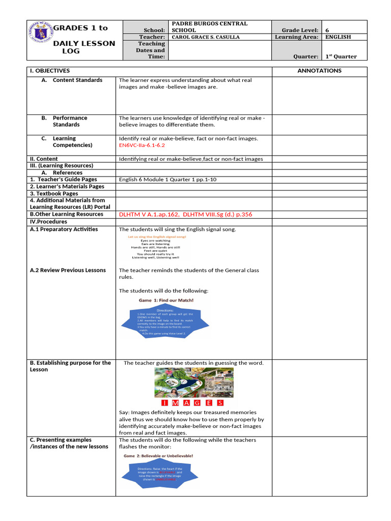 COT Q1 ENGLISH Real and Make Believe | PDF