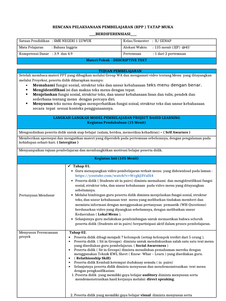 RPP MENU Kelas X Pada Pert 1 Dan 2 | PDF
