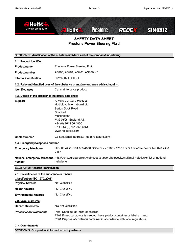 Prestone Power Steering Fluid English UK ROI PDF