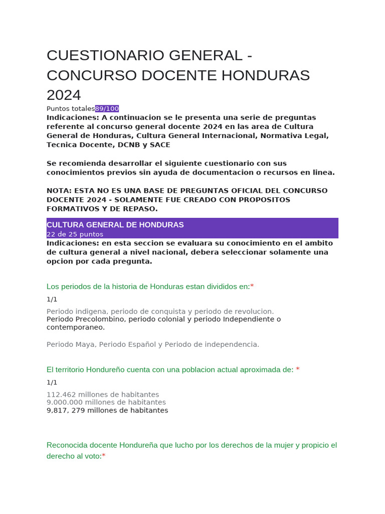 Cuestionario Concurso Docente 2024 | PDF | Honduras