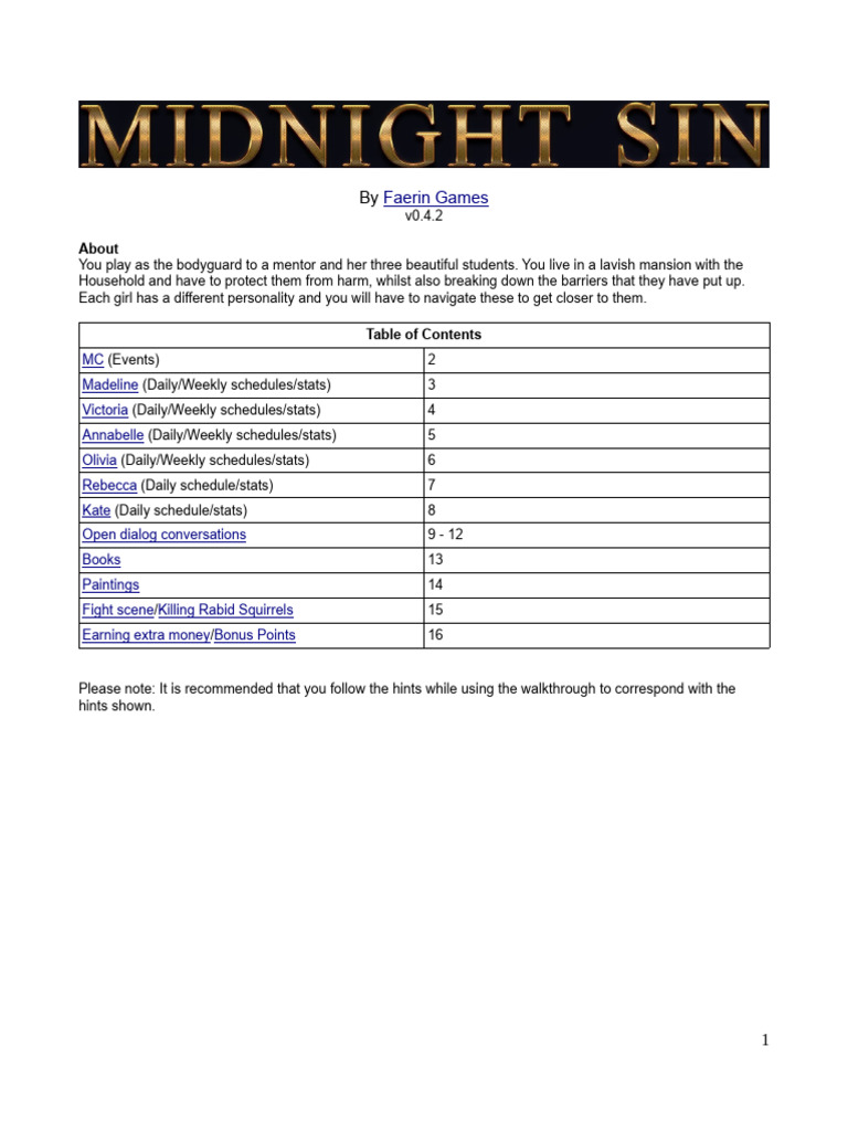Midnight Sin Walkthrough v0.4.2 | PDF