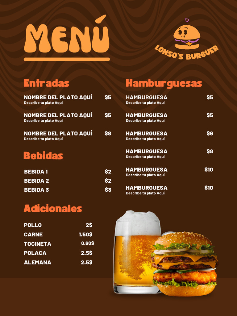 Menú Moderno Hamburguesas y Comída Rápida Naranja y Marrón PDF | PDF