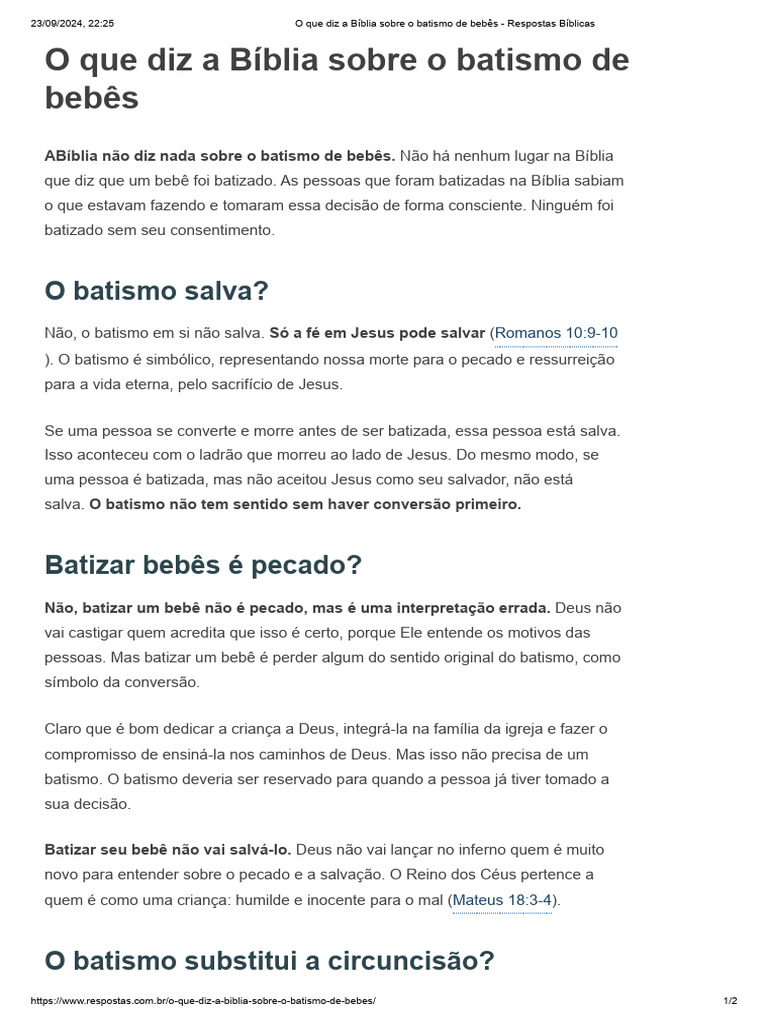 O Que Diz A Bíblia Sobre o Batismo de Bebês - Respostas Bíblicas | PDF