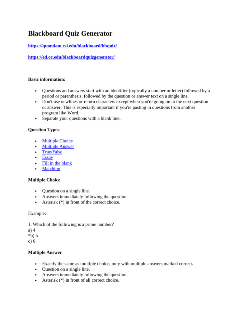 Blackboard quiz generator pdf