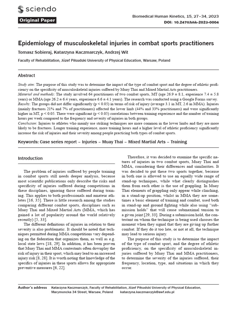 Epidemiology of Musculoskeletal Injuries | PDF | Mixed Martial Arts ...