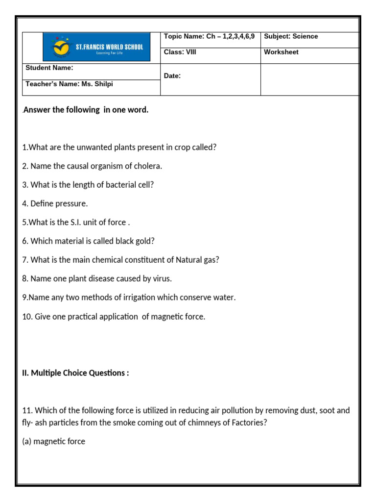 Class 8 Worksheet | PDF | Friction | Force