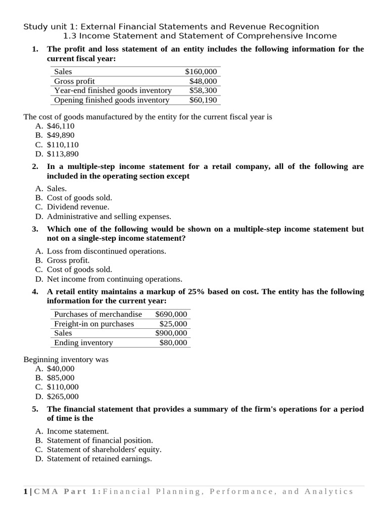 Study Unit 1: External Financial Statements and Revenue Recognition 1.3 ...
