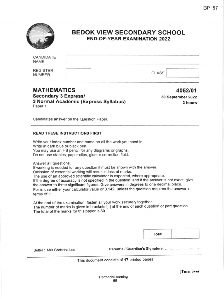 2022 Sec 3 Express Math EOY Bedok View Secondary With Answer | PDF