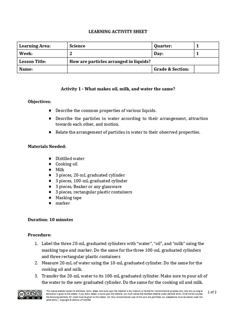 LAS - G7 - Science - Q1 - Week 2 - Activity 1 | PDF | Water