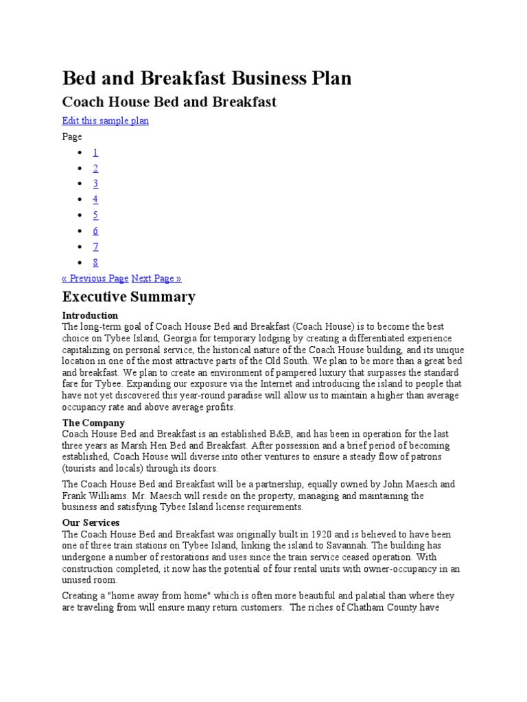 how to make a business plan for a bed and breakfast