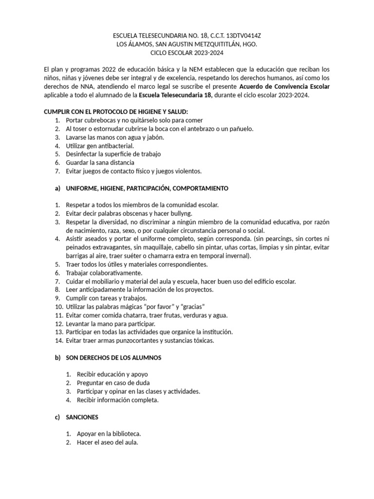 Acuerdos de Convivencia 2023-2024 | PDF | Lavado de manos | Salud y ...