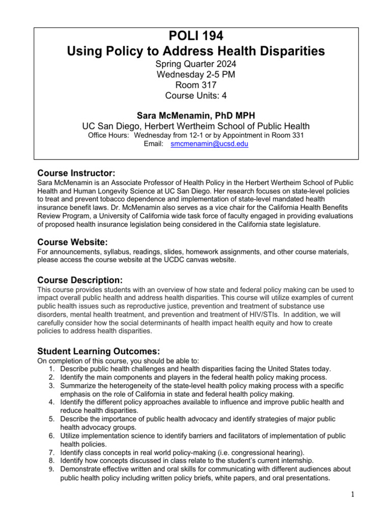 Poli 194 Using Policy To Address Health Disparities | PDF
