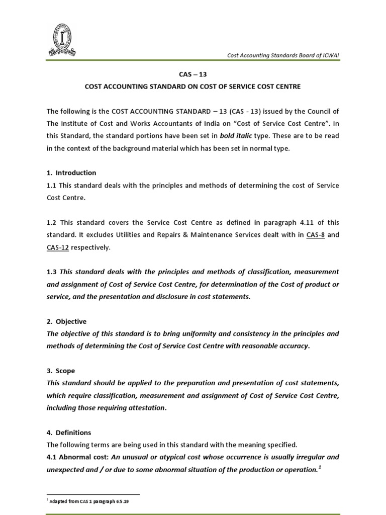28 Cas 13 Cost Accounting Standard On Cost of Service Cost Centre PDF