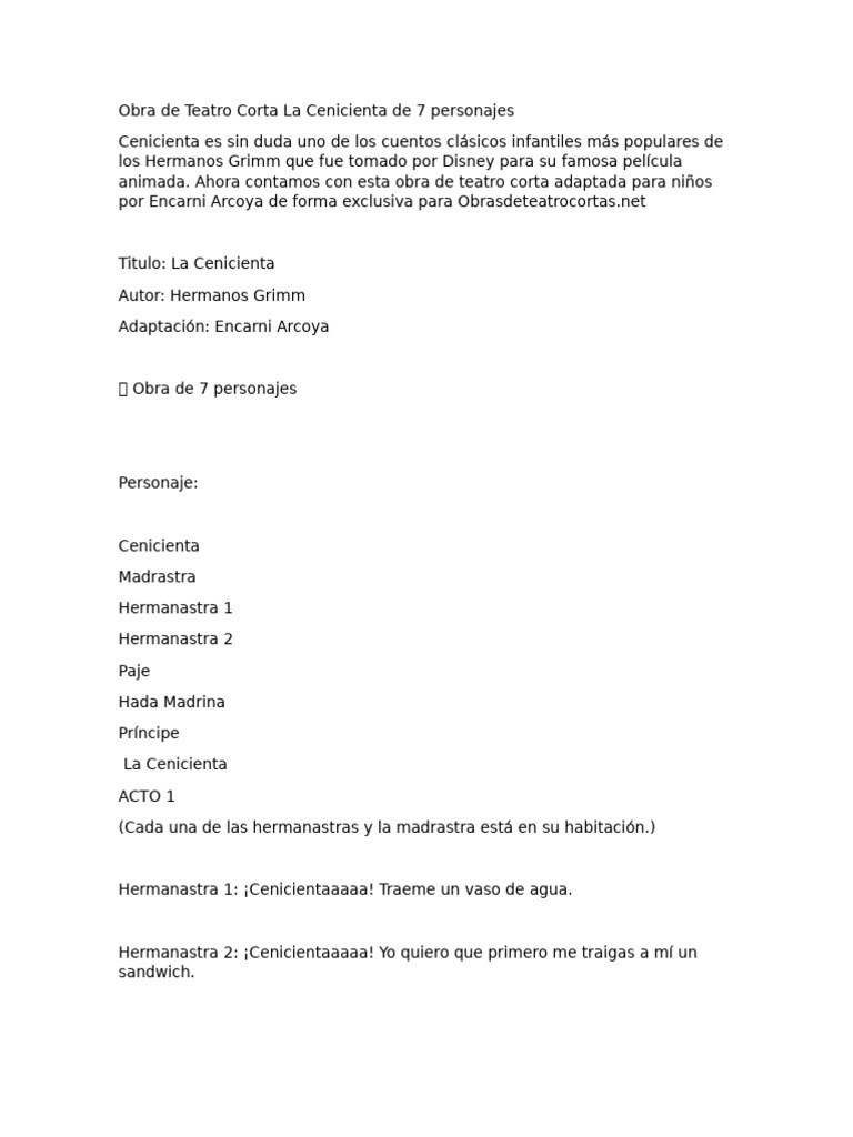 Obra de Teatro Corta La Cenicienta de 7 Personajes | PDF