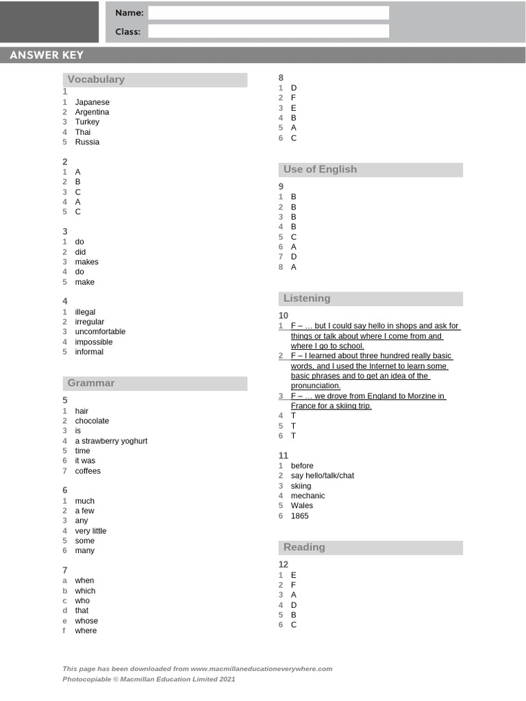 B1_U3_Test_Standard_answer_key | PDF