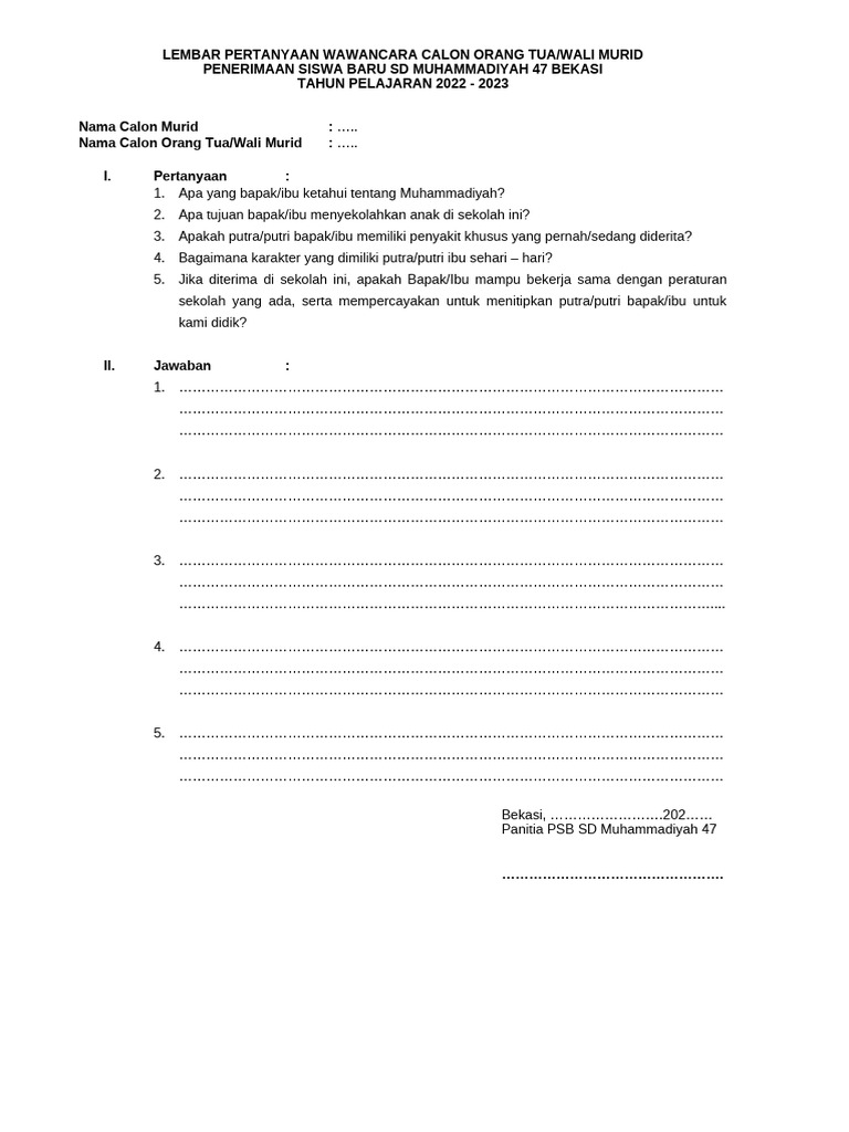 Lembar Pertanyaan Wawancara Calon Orang Tua Tahun 2022-2023 | PDF