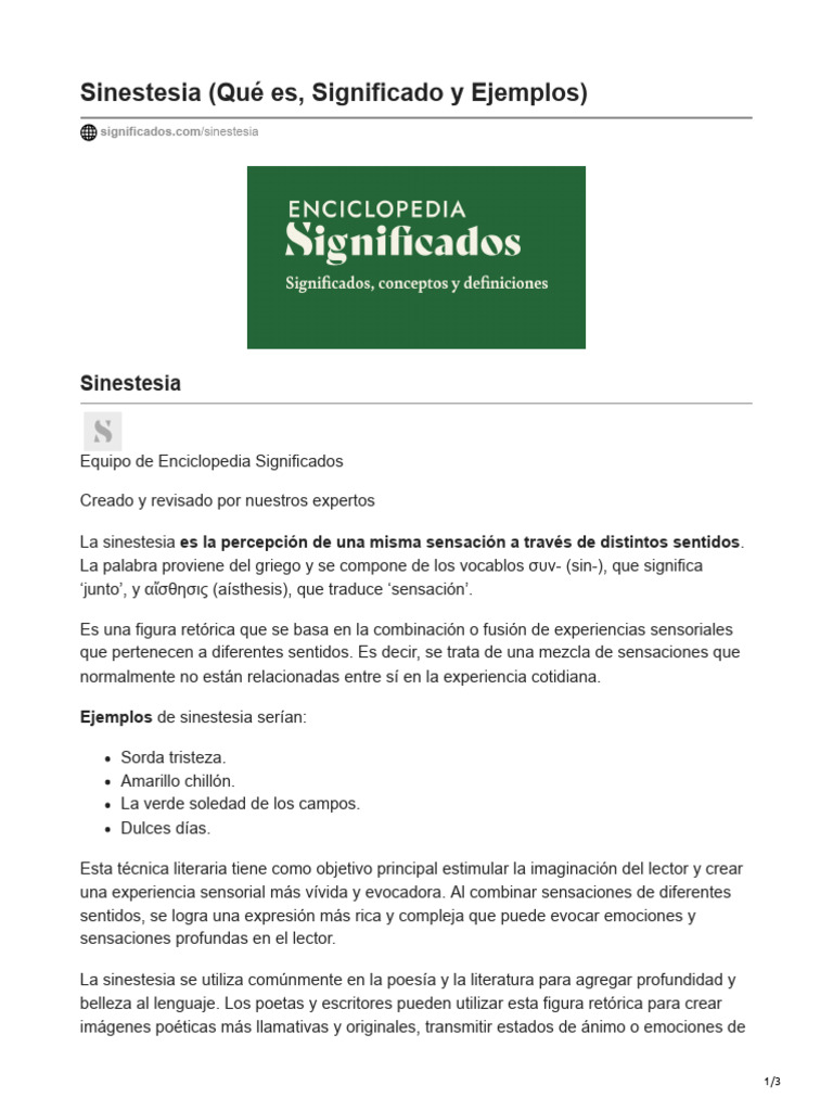 Sinestesia Qué Es Significado y Ejemplos | PDF