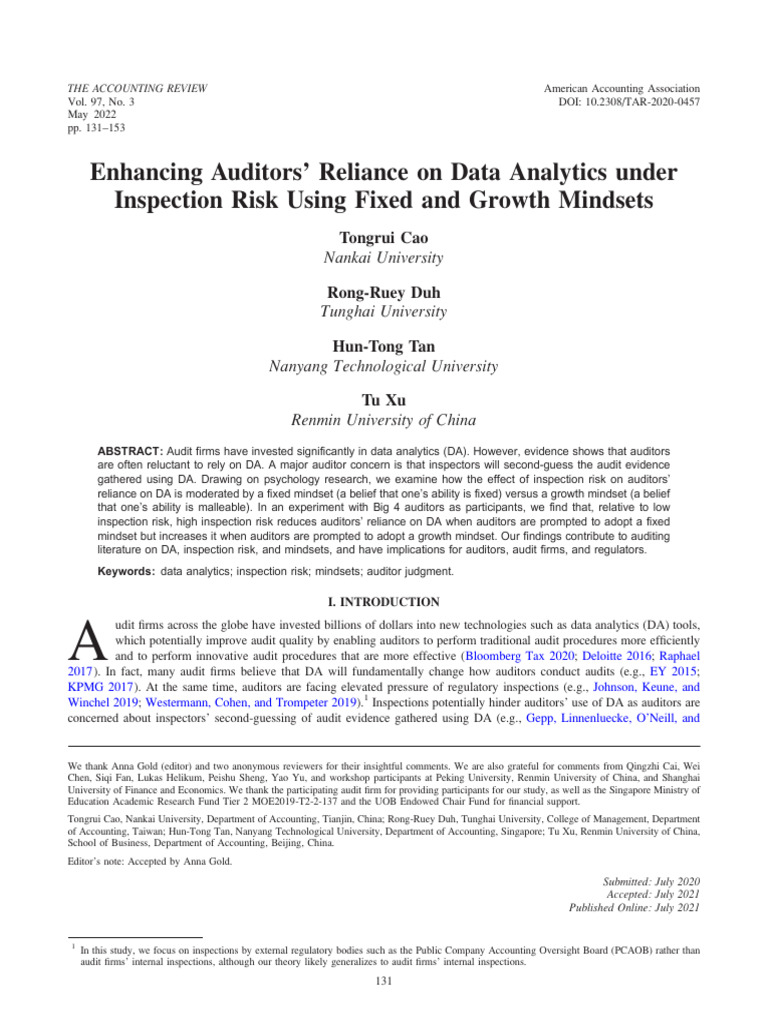 Cao Et Al. 2022. Enhancing Auditors' Reliance On Data Analytics Under ...