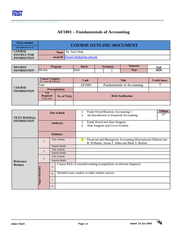 Fundamentals of Accounting - Course Outline | PDF