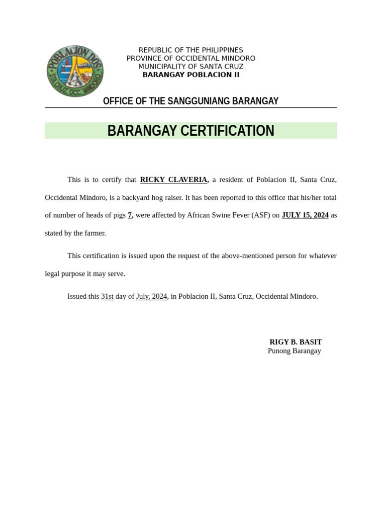 Certification For Hog Raiser | PDF