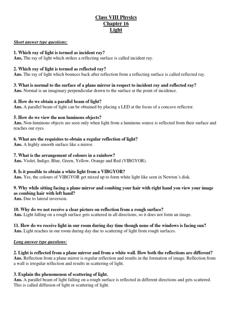 Class viii physics light pdf