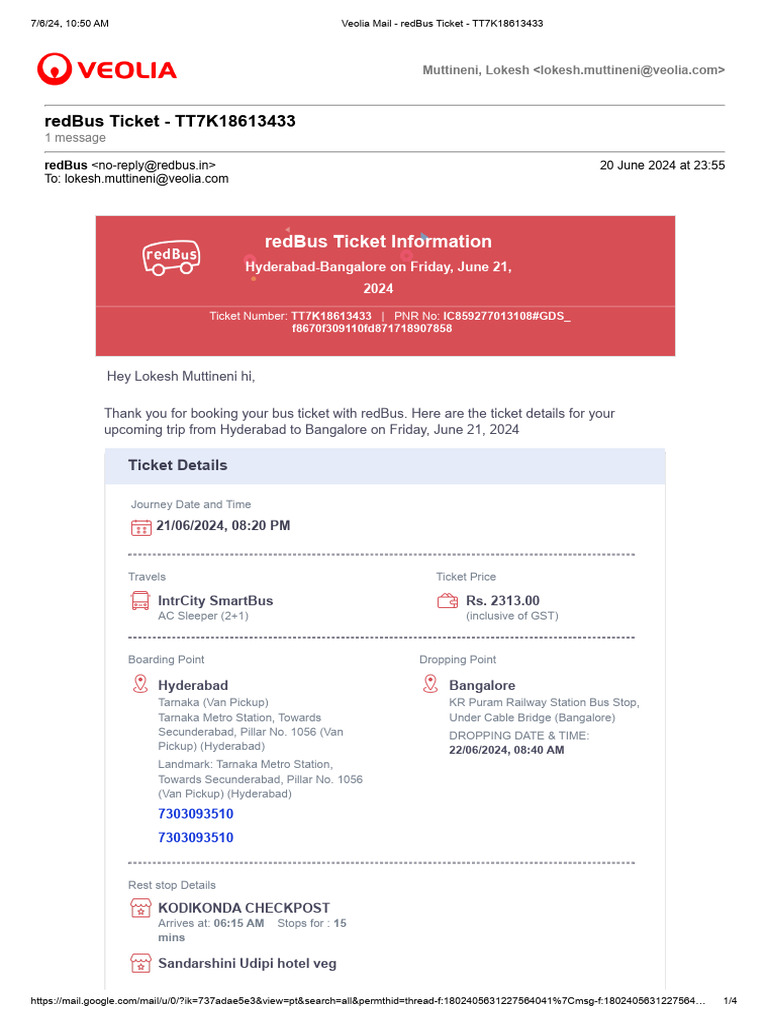Veolia Mail - Redbus Ticket - TT7K18613433 | PDF