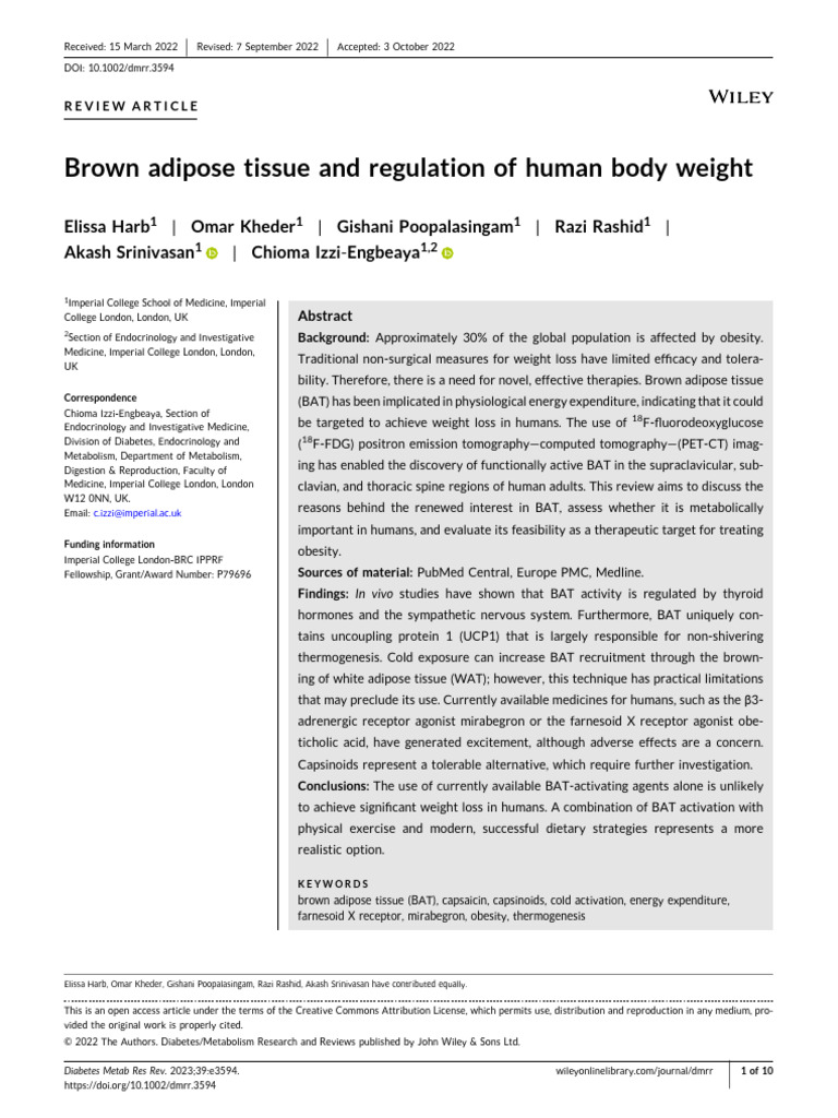 Brown Adipose Tissue and Regulation of Human Body Weight-2022 | PDF