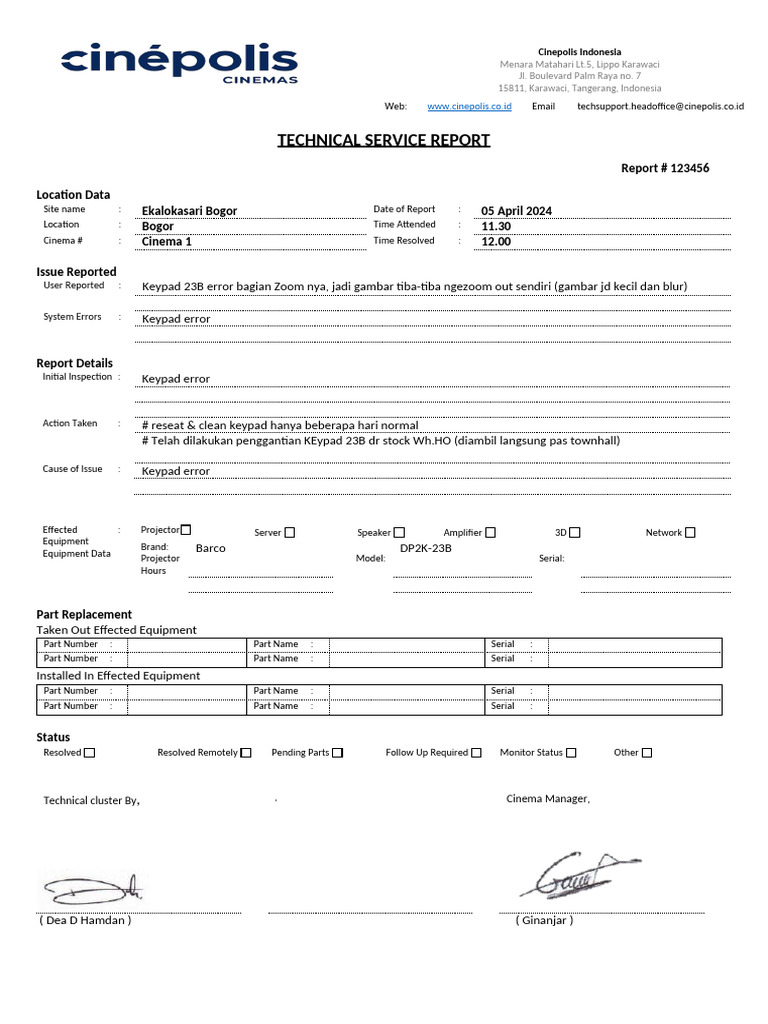 Technical Cluster Dea (Service Report) - Ekalos - 050424 | PDF