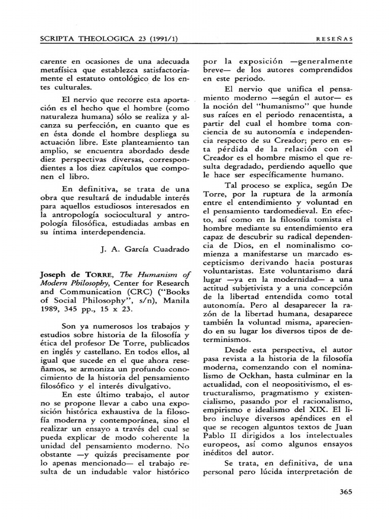 Joseph de TORRE The Humanism of Modern Philosophy | PDF