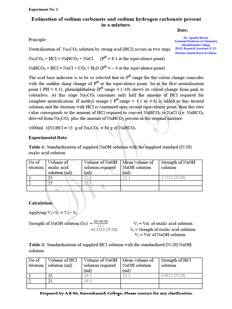 Estimation of Sodium Carbonate and Sodium Hydrogen Carbonate Present | PDF