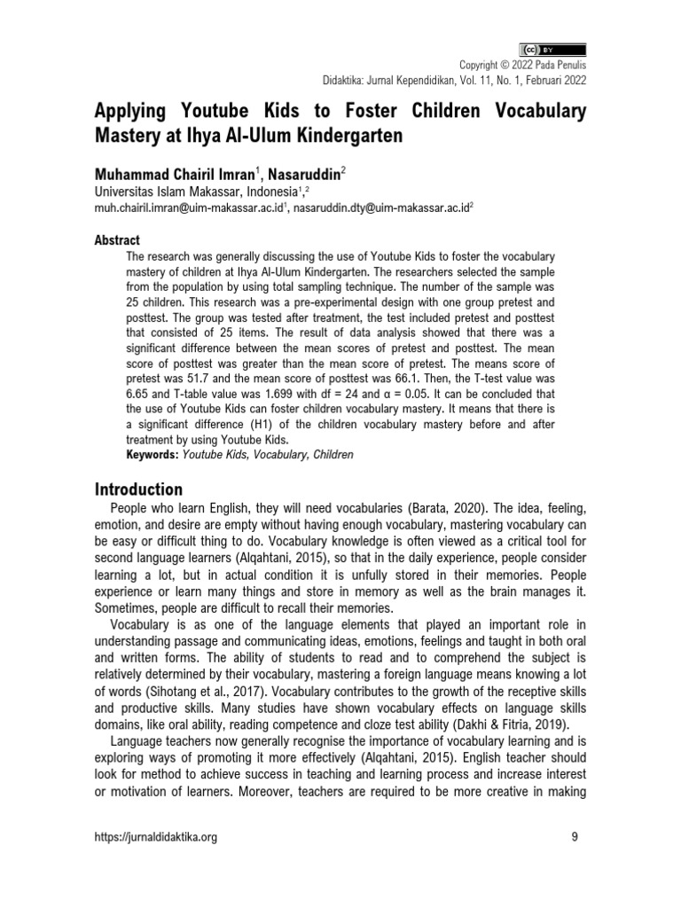 Applying youtube kids tofosterchildren vocabulary mastery at ihya al
