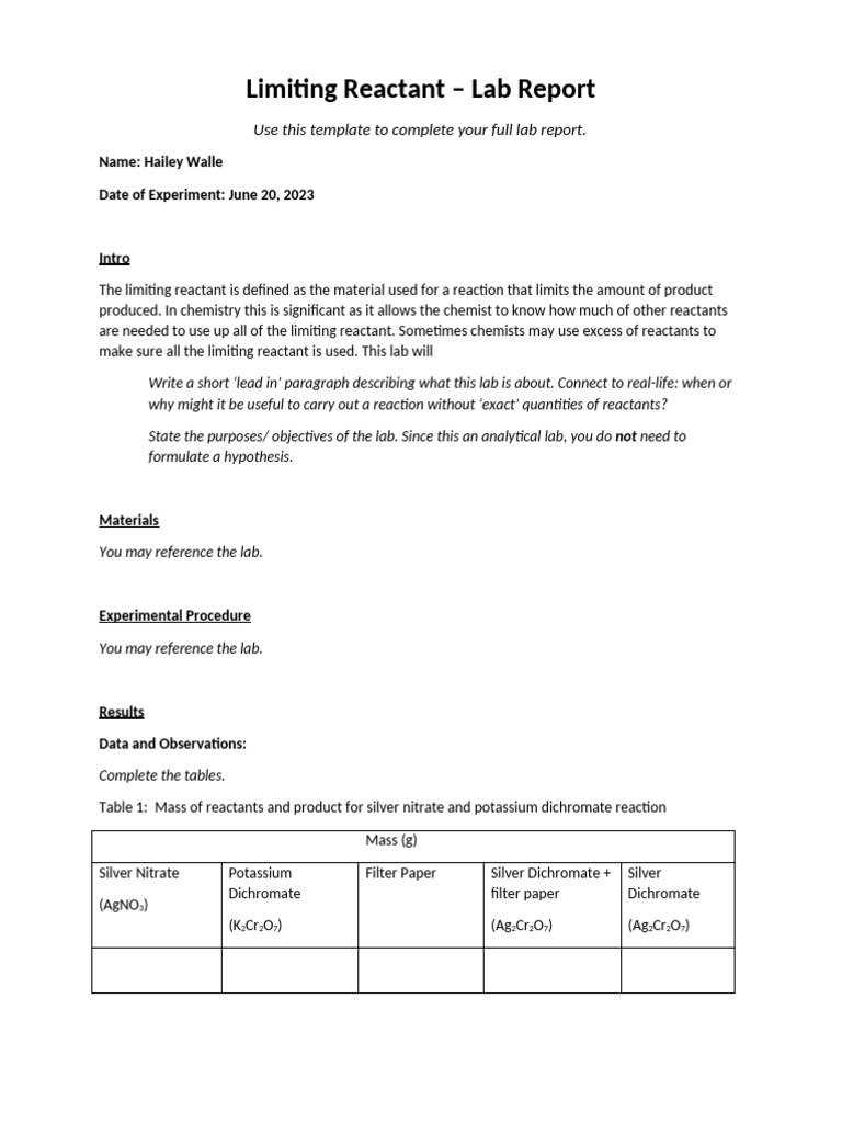 Limiting Reactant Lab Report | PDF