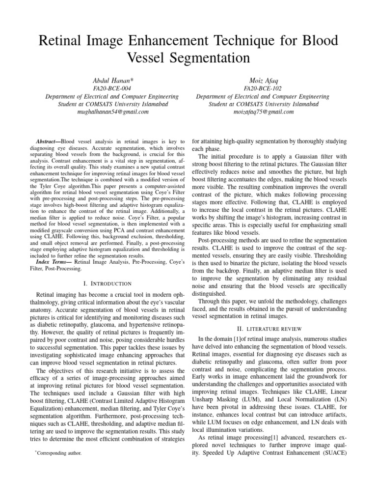 Retinal Image Enhancement Technique For Blood Vessel Segmentation | PDF