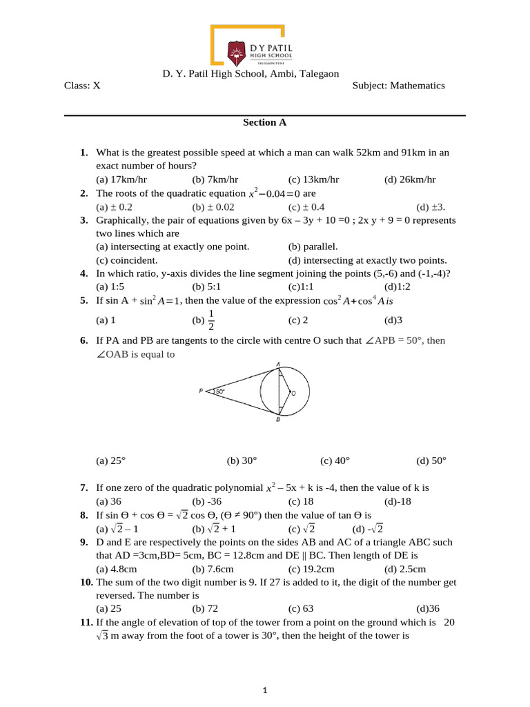 Grade 10 maths revision worksheet pdf