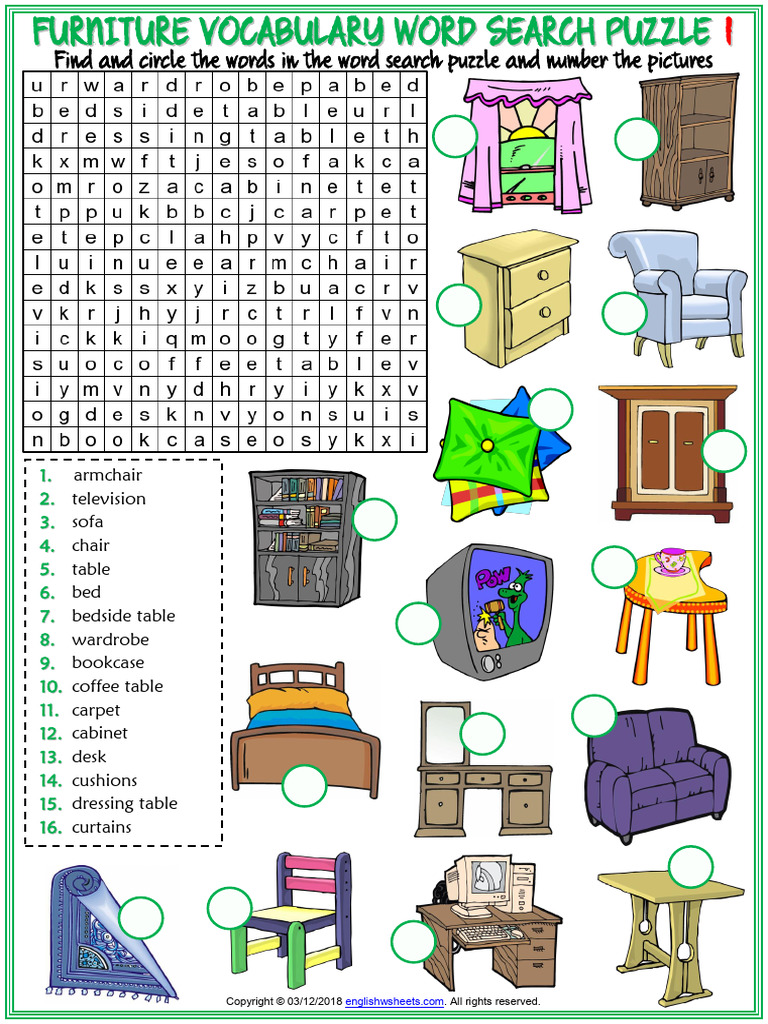 Furniture Vocabulary Esl Word Search Puzzle Worksheets For Kids | PDF