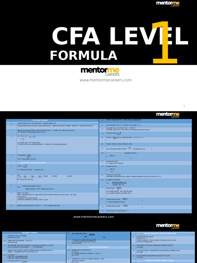 CFA Level 1 Formula Sheet | PDF | Revenue | Dividend