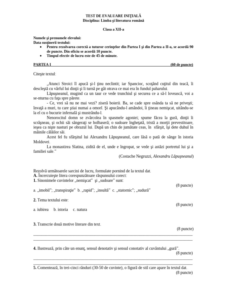 Evaluare Initiala XII | PDF