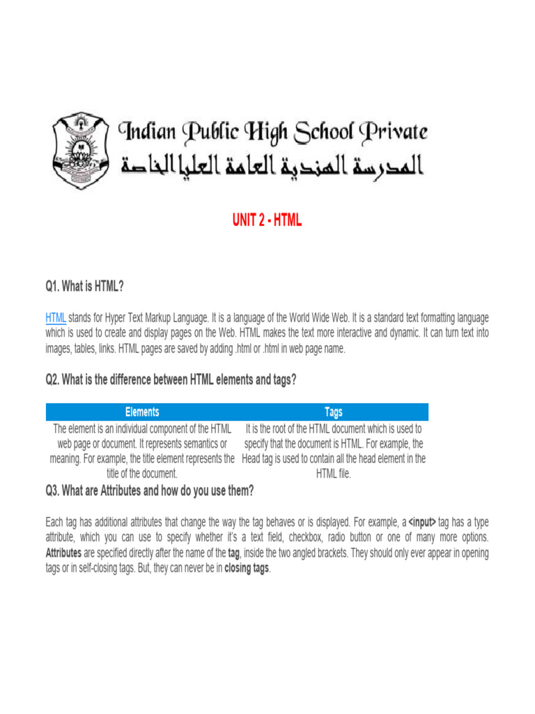 UNIT 2 - HTML Notes | PDF