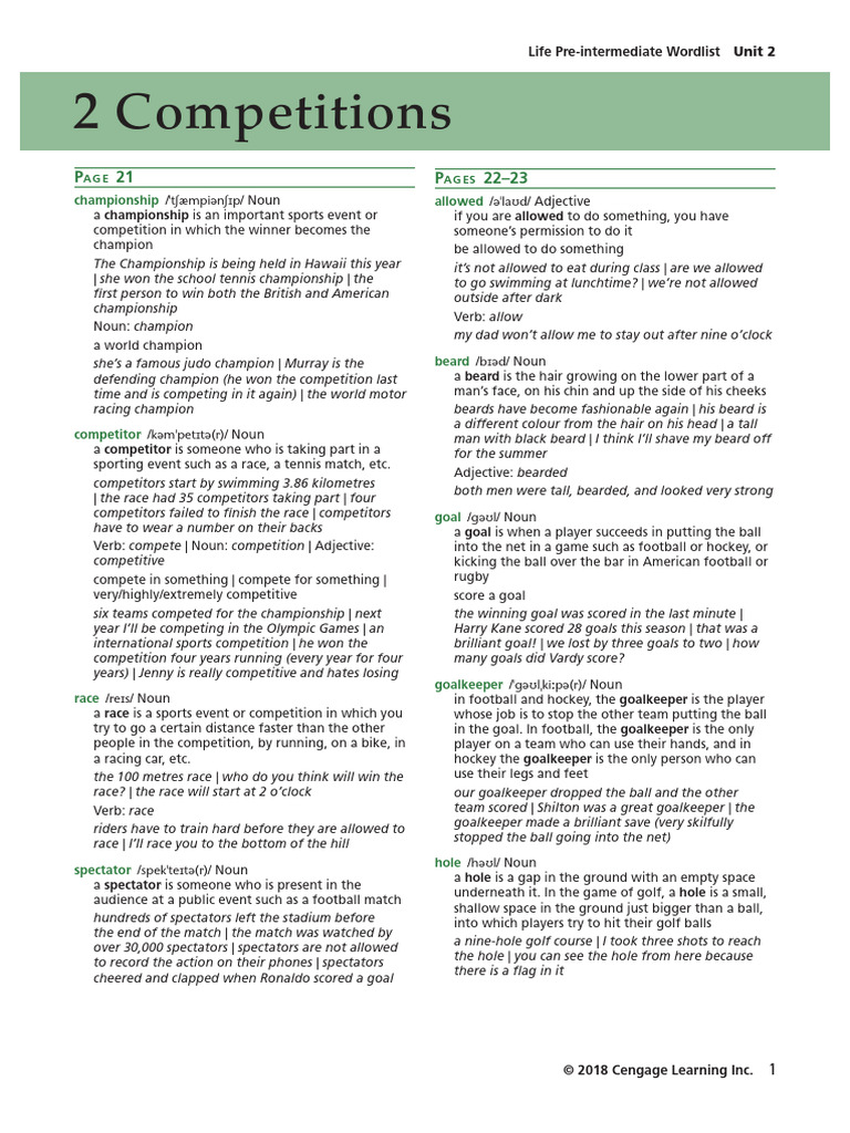 Life Pre-Int Wordlist Final Alphabetised Unit 2 | PDF