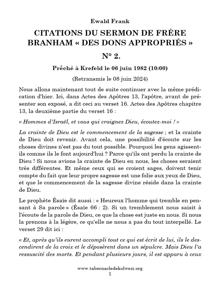 1982-06-06-Citations Du Sermon de Frère Branham Des Dons Appropriés N°2 ...