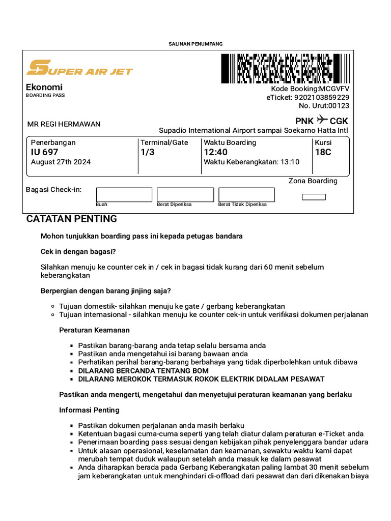 Boarding Pass for Flight IU 697 | PDF