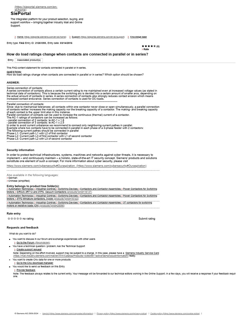 How Do Load Ratings Change When Contacts Are Connected in Parallel or