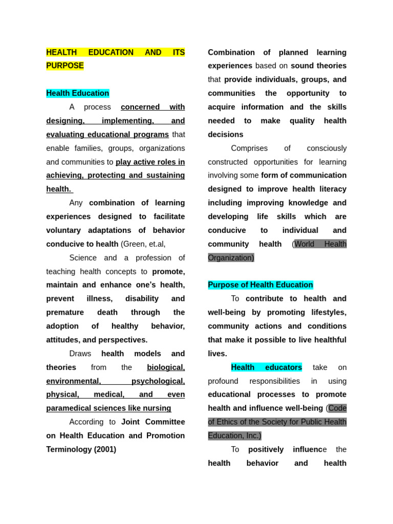 Purpose and Importance of Health Education | PDF | Nursing | Self ...