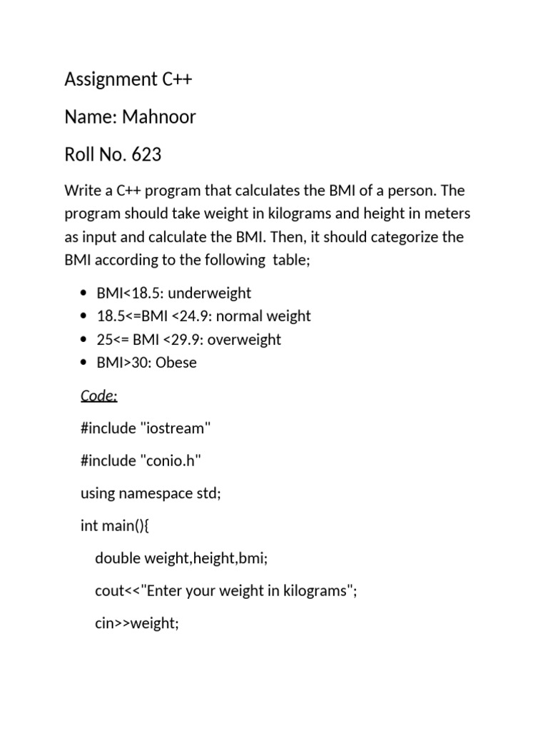 Assignment C++ Name: Mahnoor Roll No. 623: Code | PDF