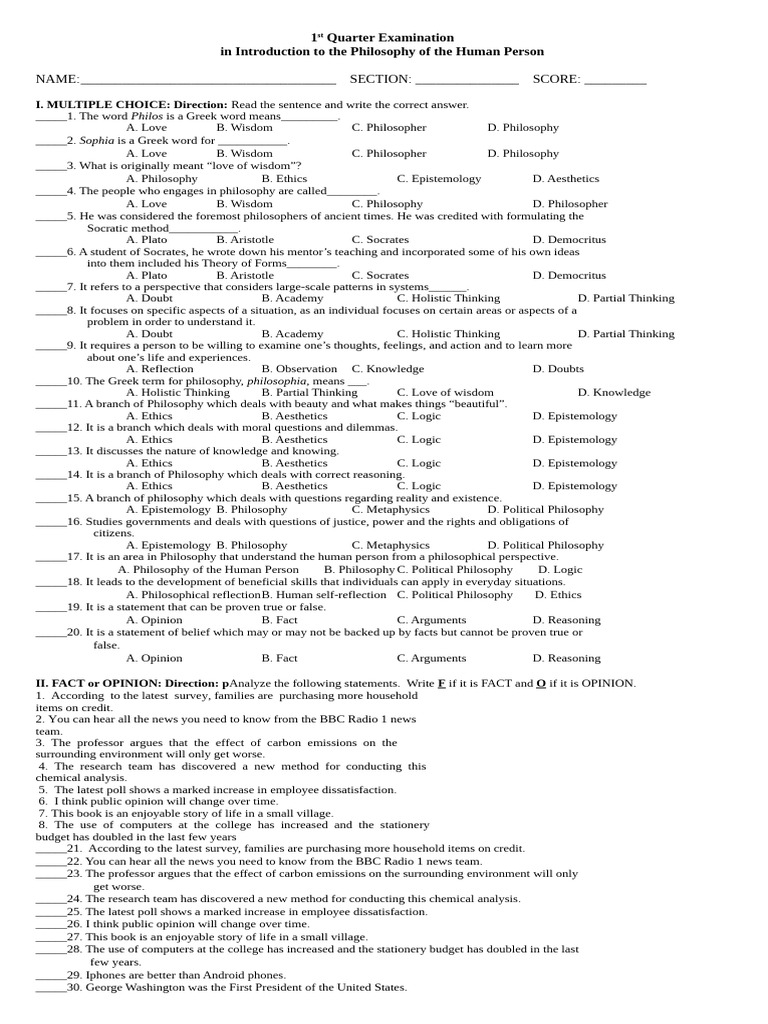 1st Quarter Exam in Philosophy | PDF